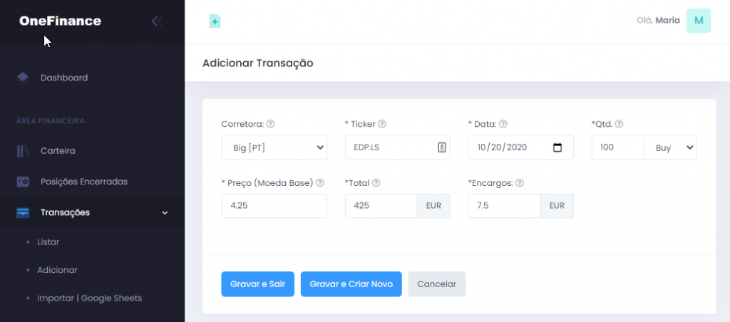 Adicionar transação | OneFinance