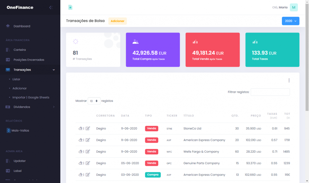 Transações de bolsa | OneFinance